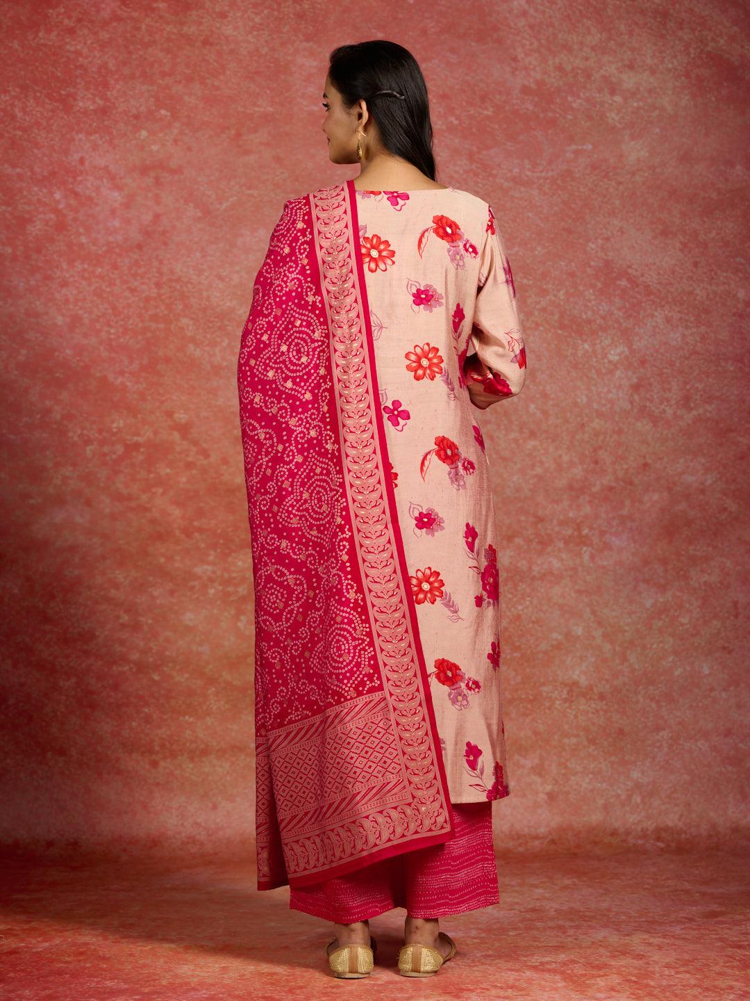 Pink Printed Silk Blend Straight Kurta With Palazzos & Dupatta - ShopLibas
