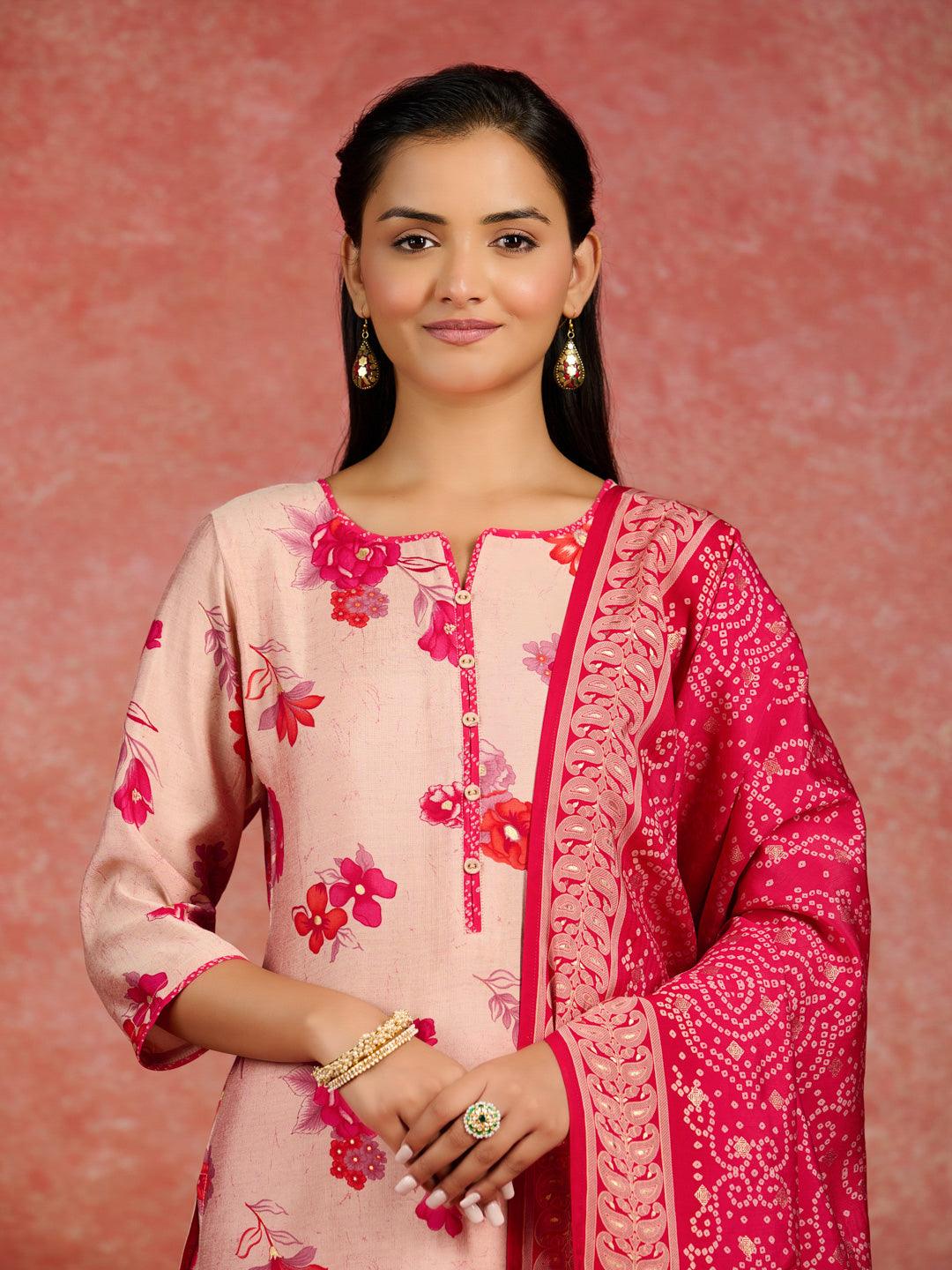 Pink Printed Silk Blend Straight Kurta With Palazzos & Dupatta - ShopLibas