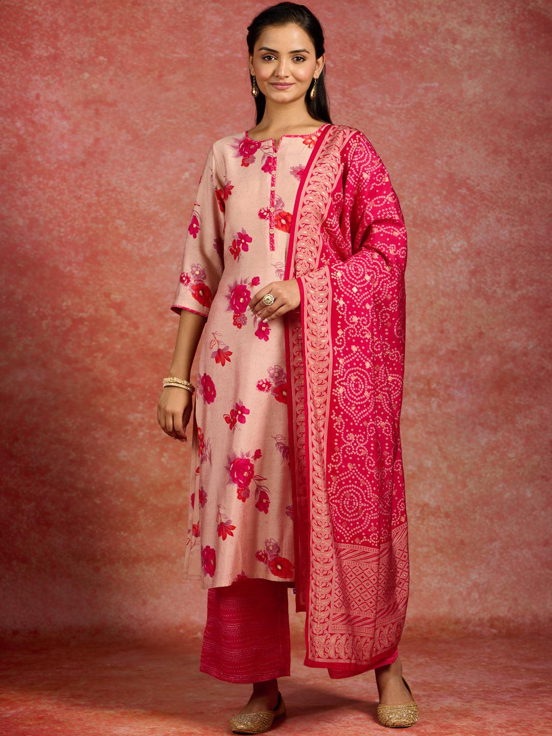 Pink Printed Silk Blend Straight Kurta With Palazzos & Dupatta - ShopLibas