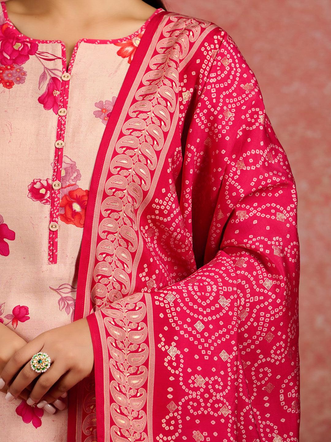 Pink Printed Silk Blend Straight Kurta With Palazzos & Dupatta - ShopLibas