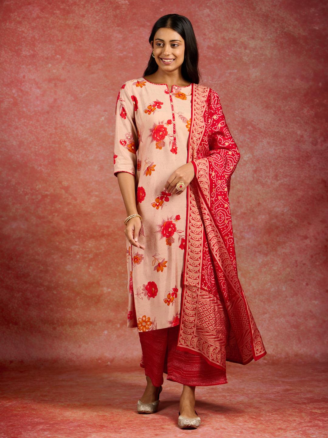 Red Printed Silk Blend Straight Kurta With Palazzos & Dupatta - ShopLibas