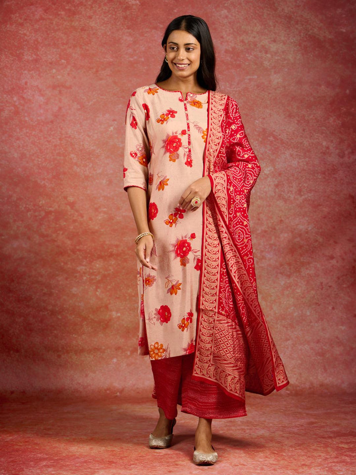 Red Printed Silk Blend Straight Suit With Dupatta
