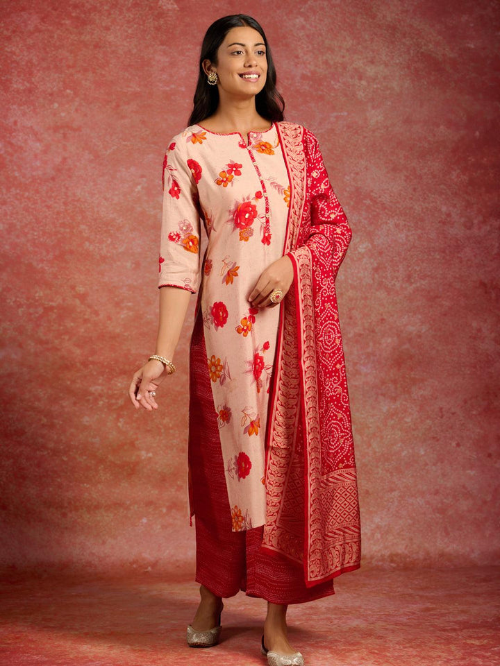 Red Printed Silk Blend Straight Suit With Dupatta