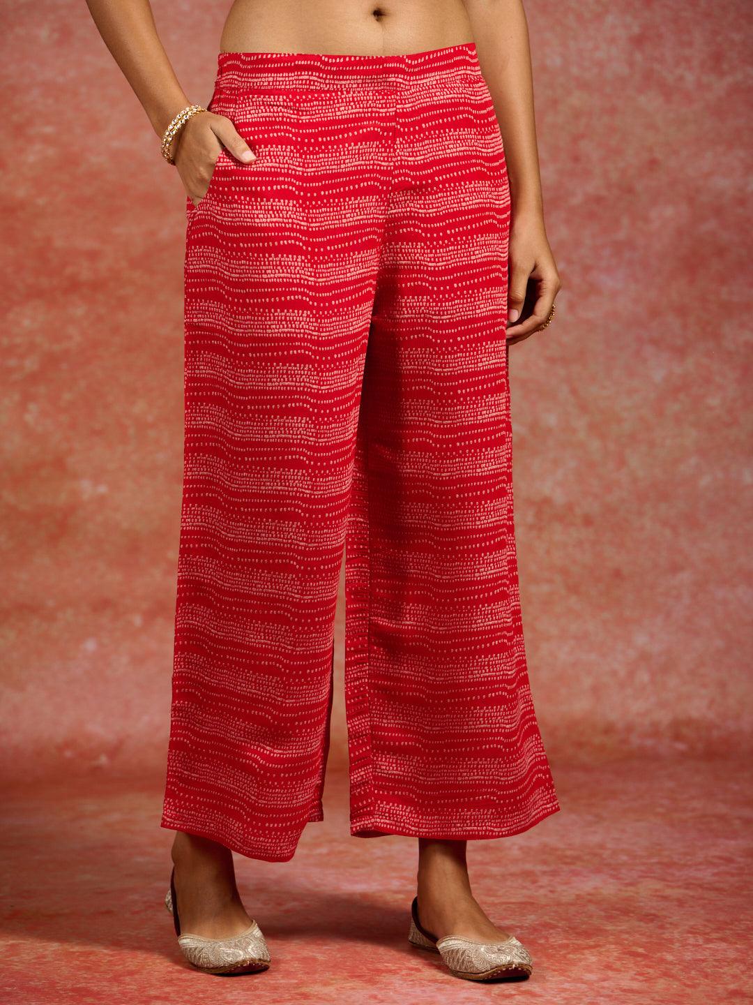 Red Printed Silk Blend Straight Kurta With Palazzos & Dupatta - ShopLibas