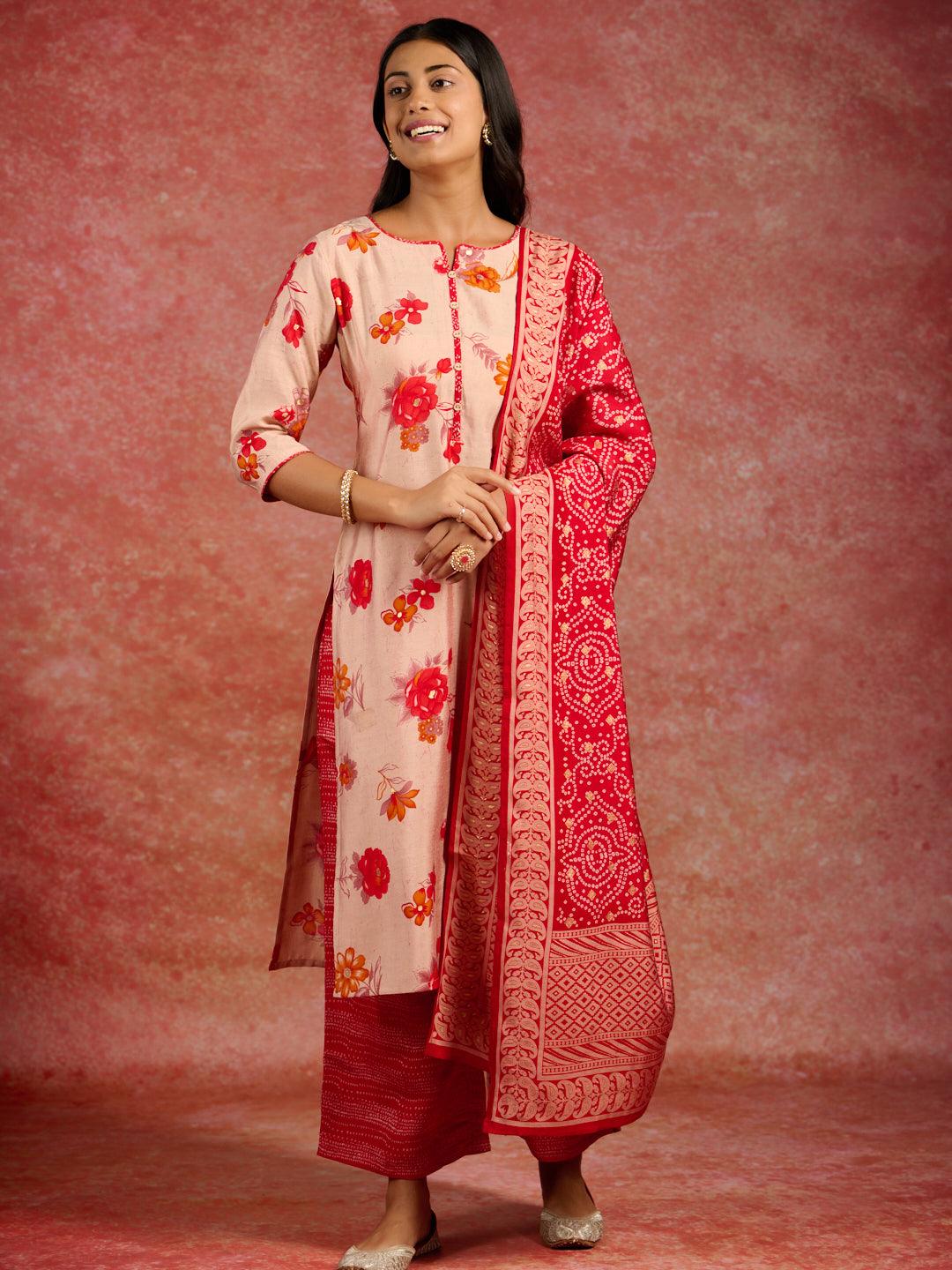 Red Printed Silk Blend Straight Kurta With Palazzos & Dupatta - ShopLibas