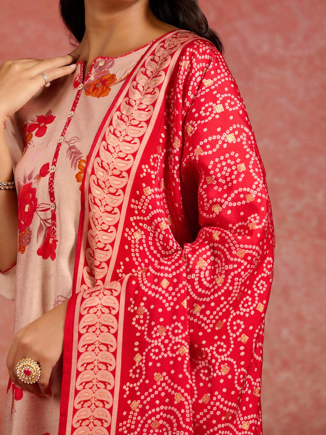 Red Printed Silk Blend Straight Kurta With Palazzos & Dupatta - ShopLibas