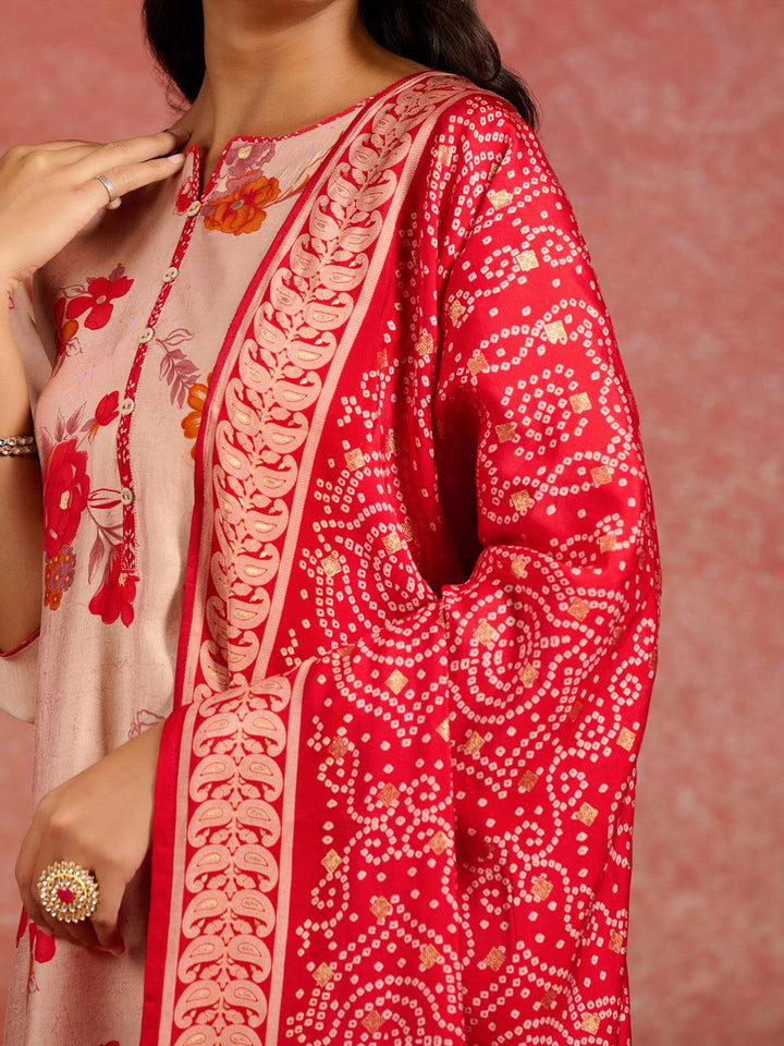 Red Printed Silk Blend Straight Suit With Dupatta