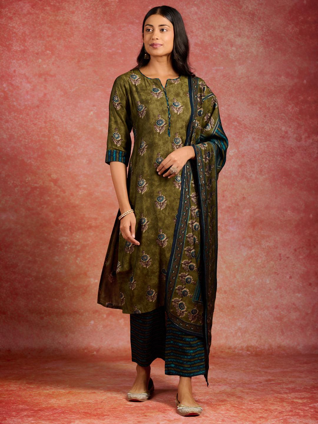 Olive Printed Silk Blend Straight Kurta With Trousers & Dupatta - ShopLibas