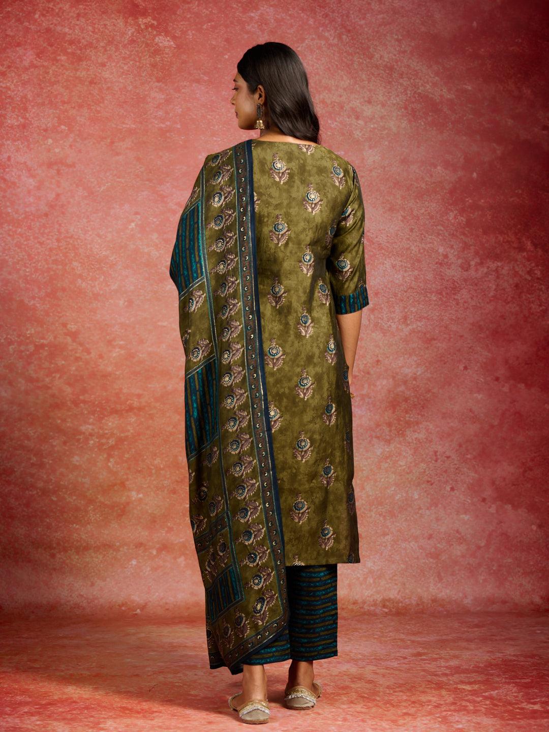 Olive Printed Silk Blend Straight Kurta With Trousers & Dupatta - ShopLibas