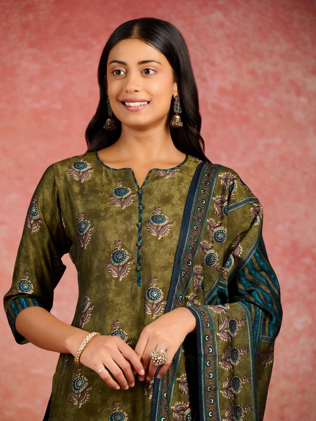 Olive Printed Silk Blend Straight Kurta With Trousers & Dupatta - ShopLibas
