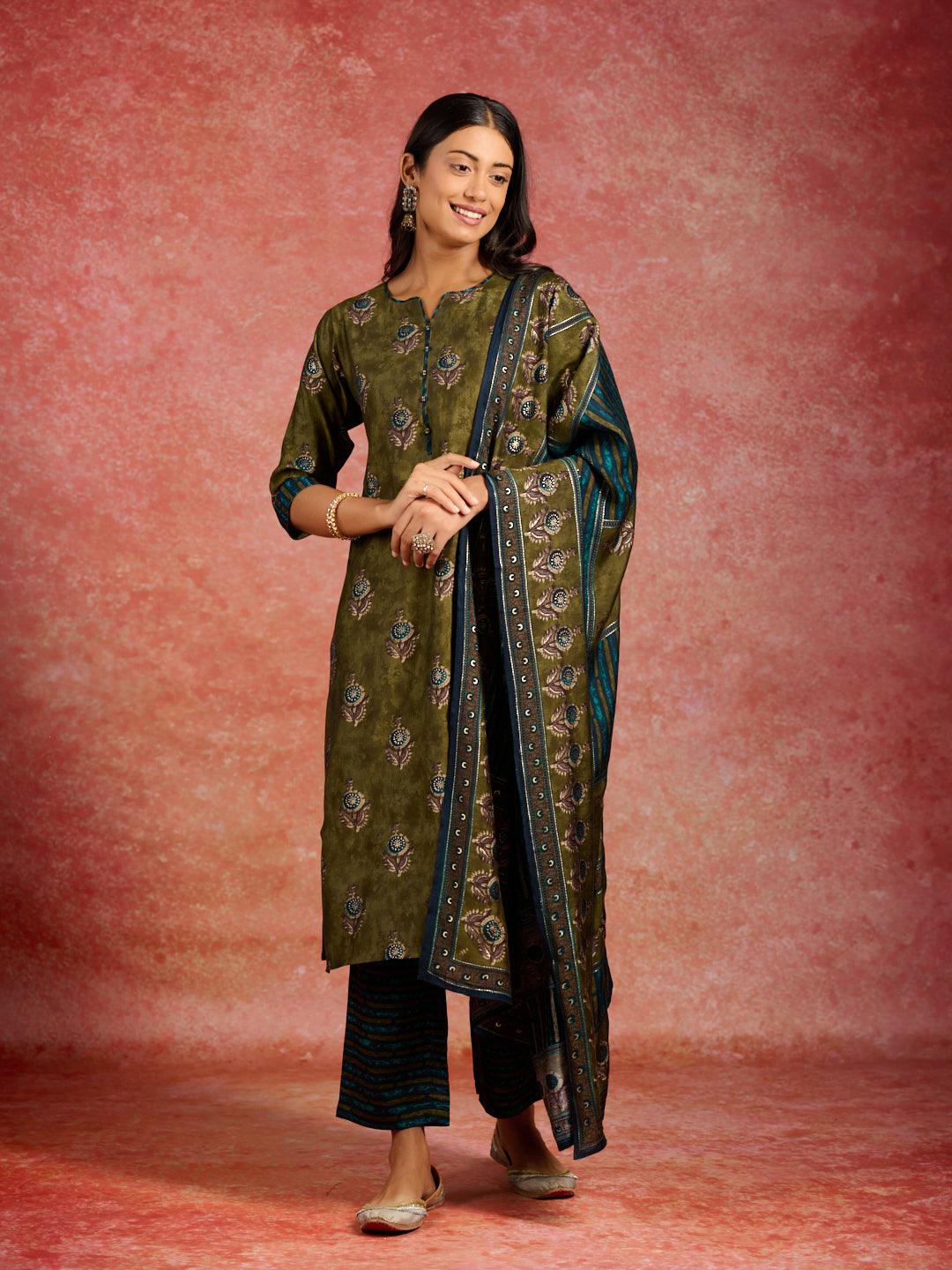 Olive Printed Silk Blend Straight Kurta With Trousers & Dupatta - ShopLibas