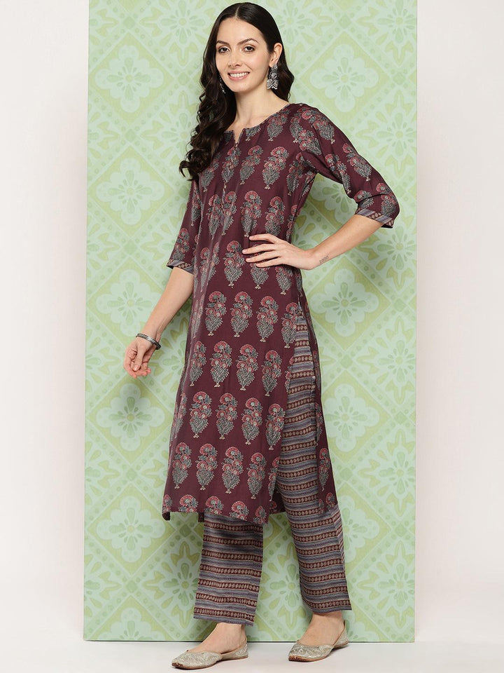 Maroon Printed Silk Blend Straight Suit With Dupatta