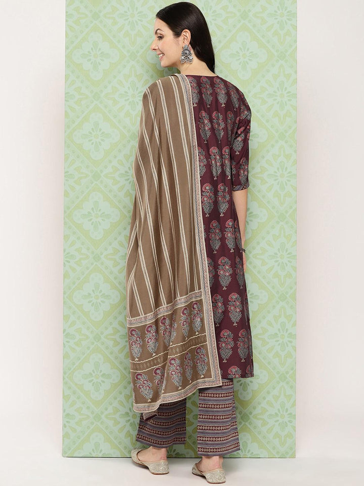Maroon Printed Silk Blend Straight Suit With Dupatta