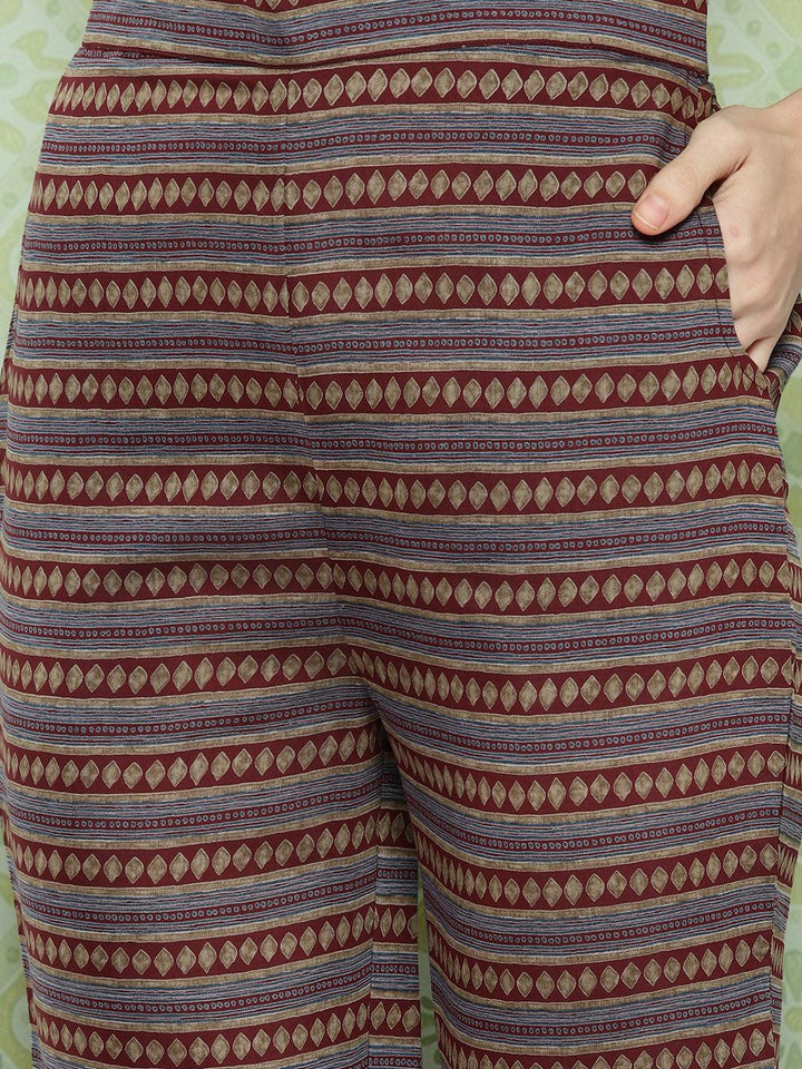 Maroon Printed Silk Blend Straight Suit With Dupatta