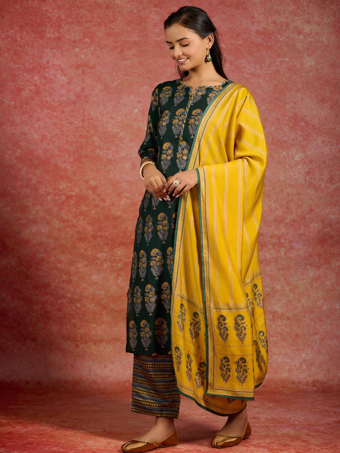 Green Printed Silk Blend Straight Kurta With Trousers & Dupatta - ShopLibas