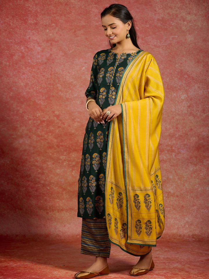 Green Printed Silk Blend Straight Suit With Dupatta