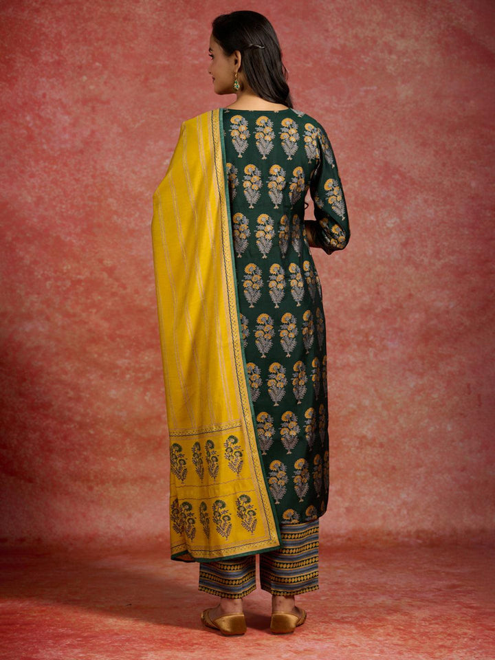 Green Printed Silk Blend Straight Suit With Dupatta