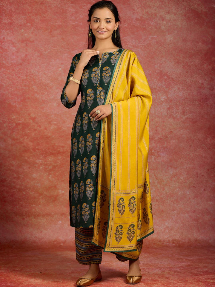 Green Printed Silk Blend Straight Suit With Dupatta