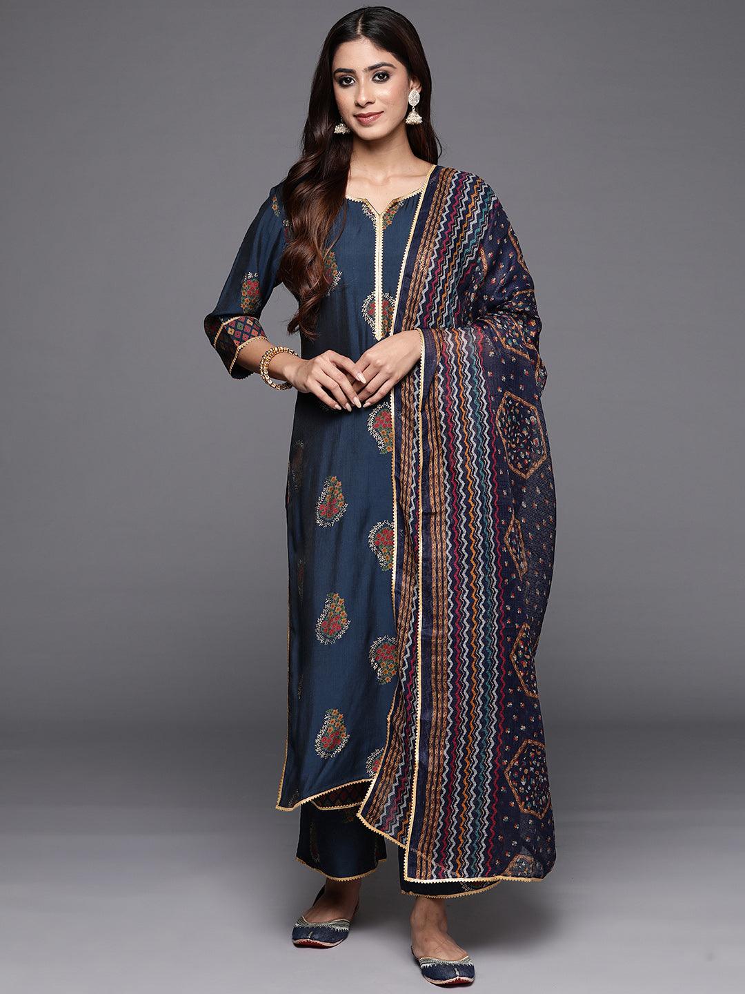 Blue Printed Silk Blend Straight Kurta With Palazzos & Dupatta - ShopLibas