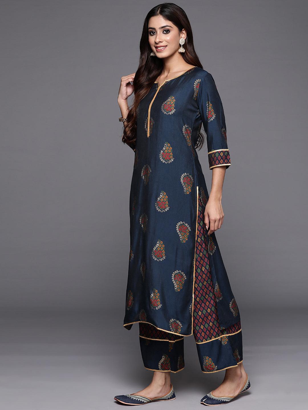 Blue Printed Silk Blend Straight Kurta With Palazzos & Dupatta - ShopLibas