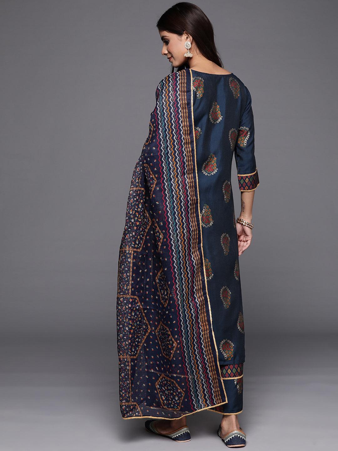 Blue Printed Silk Blend Straight Kurta With Palazzos & Dupatta - ShopLibas