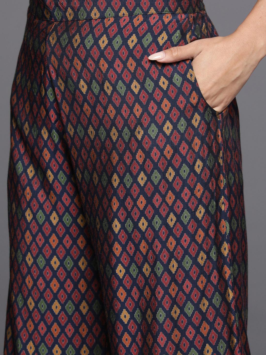 Blue Printed Silk Blend Straight Kurta With Palazzos & Dupatta - ShopLibas