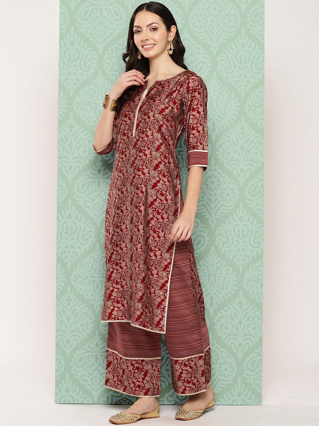Red Printed Silk Blend Straight Kurta With Palazzos & Dupatta - ShopLibas