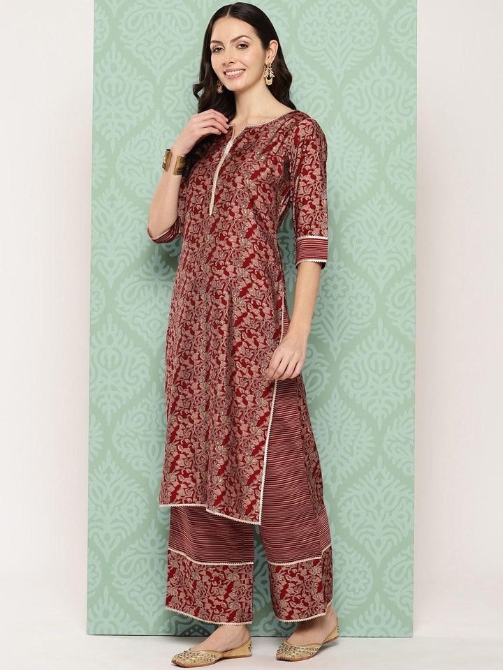 Red Printed Silk Blend Straight Suit With Dupatta