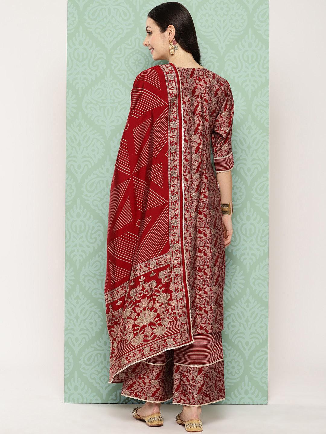 Red Printed Silk Blend Straight Kurta With Palazzos & Dupatta - ShopLibas