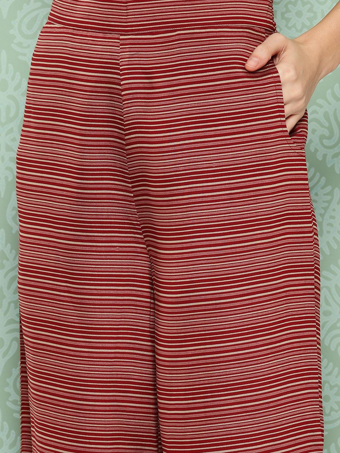 Red Printed Silk Blend Straight Kurta With Palazzos & Dupatta - ShopLibas