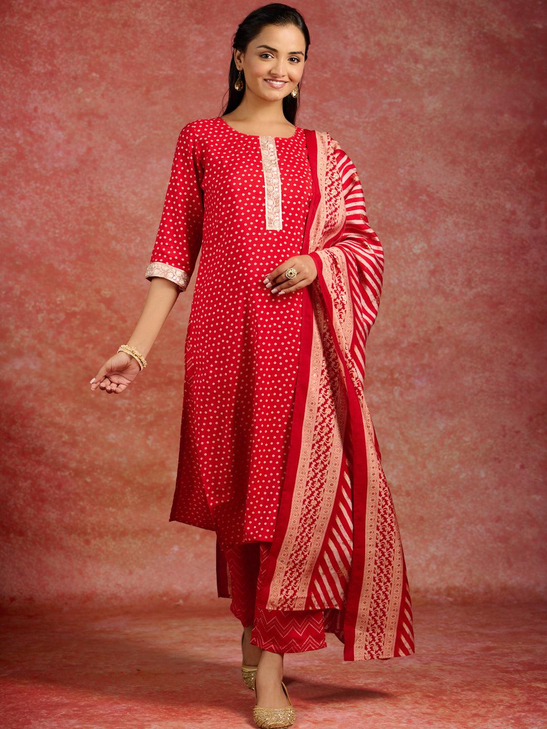 Red Printed Silk Blend Straight Kurta With Trousers & Dupatta - ShopLibas