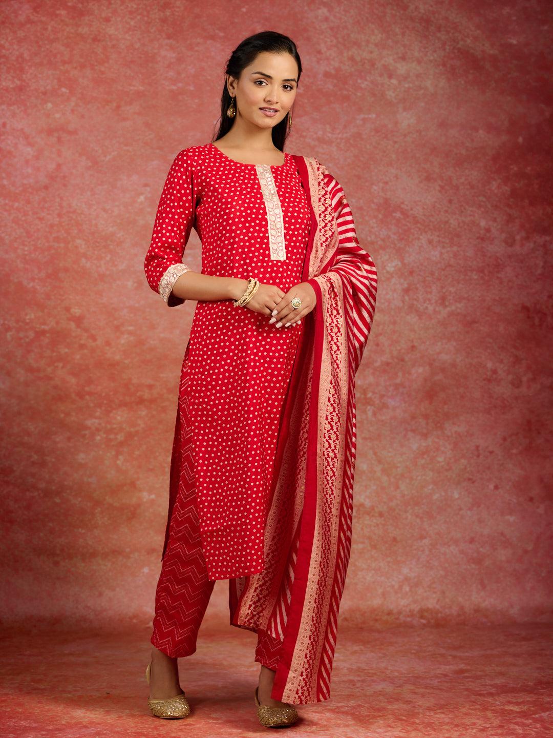 Red Printed Silk Blend Straight Kurta With Trousers & Dupatta - ShopLibas