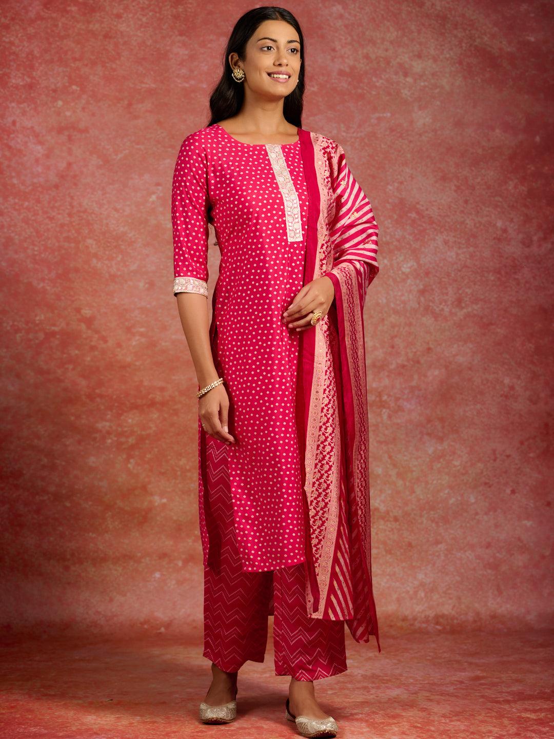 Pink Printed Silk Blend Straight Kurta With Trousers & Dupatta - ShopLibas