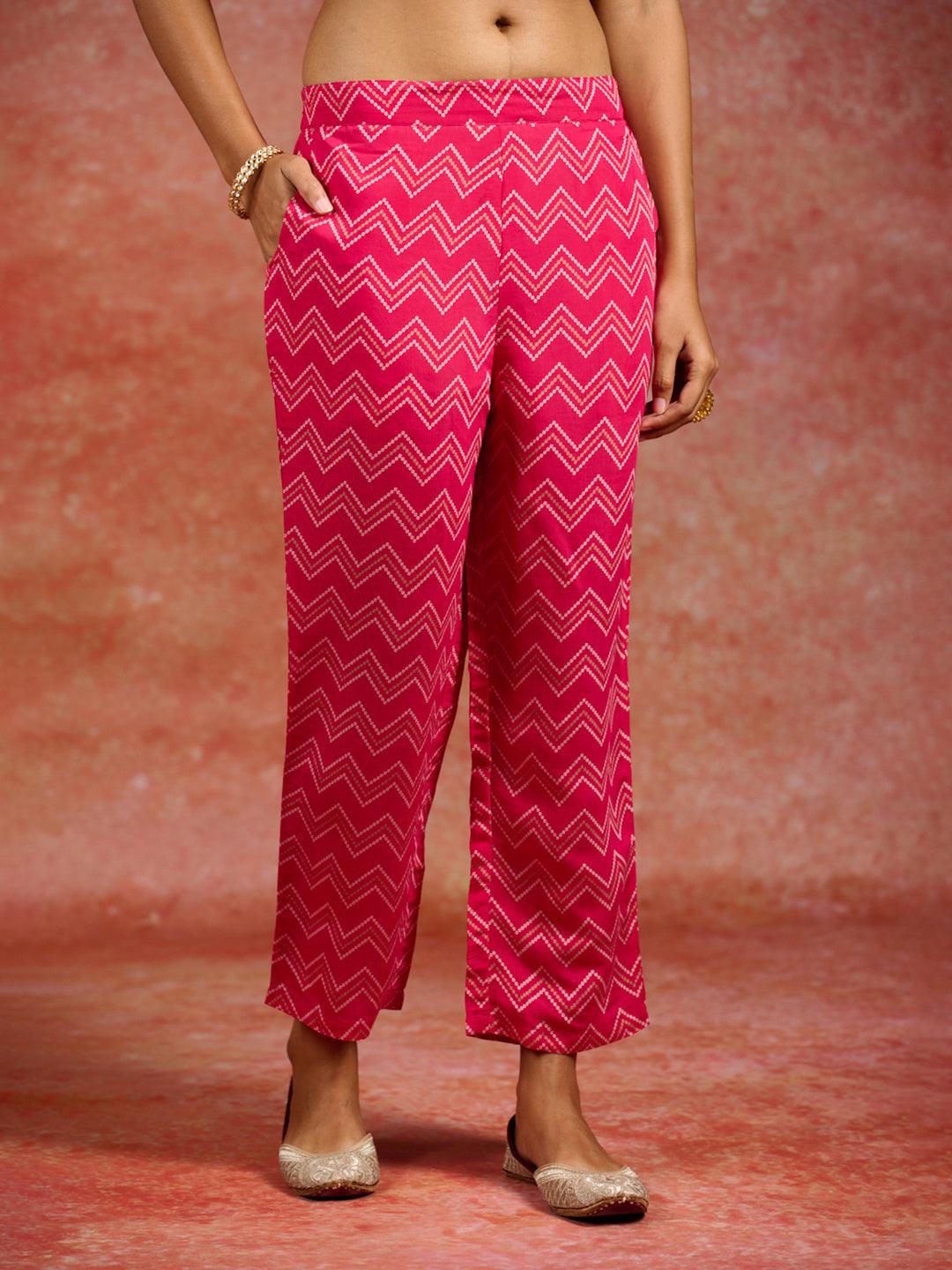Pink Printed Silk Blend Straight Kurta With Trousers & Dupatta - ShopLibas