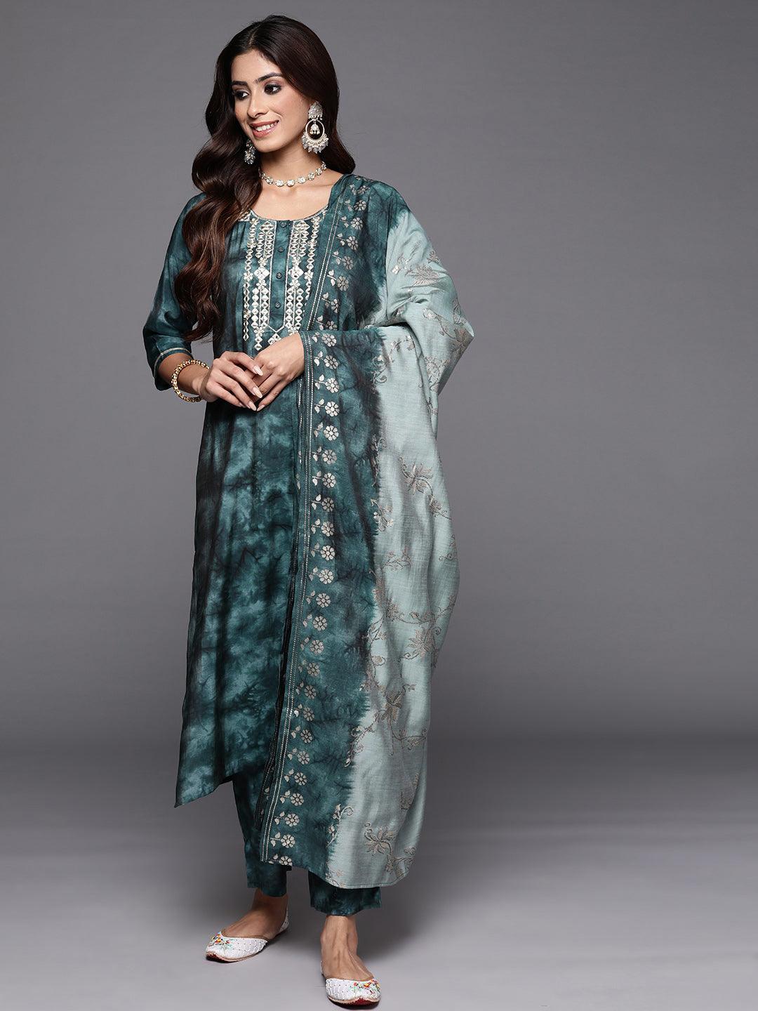 Grey Printed Silk Blend Straight Kurta With Trousers & Dupatta - ShopLibas