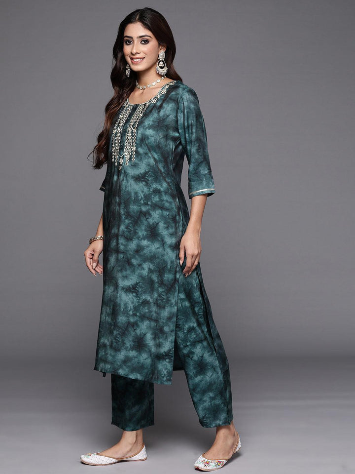Grey Printed Silk Blend Straight Suit With Dupatta