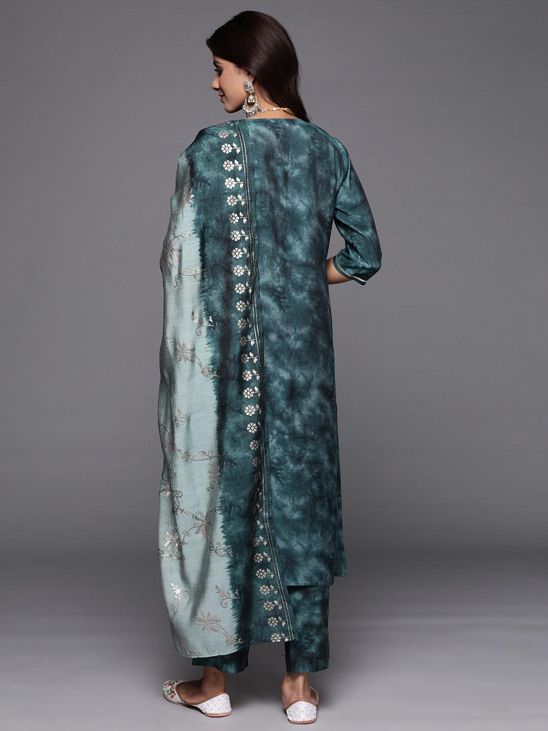 Grey Printed Silk Blend Straight Kurta With Trousers & Dupatta - ShopLibas