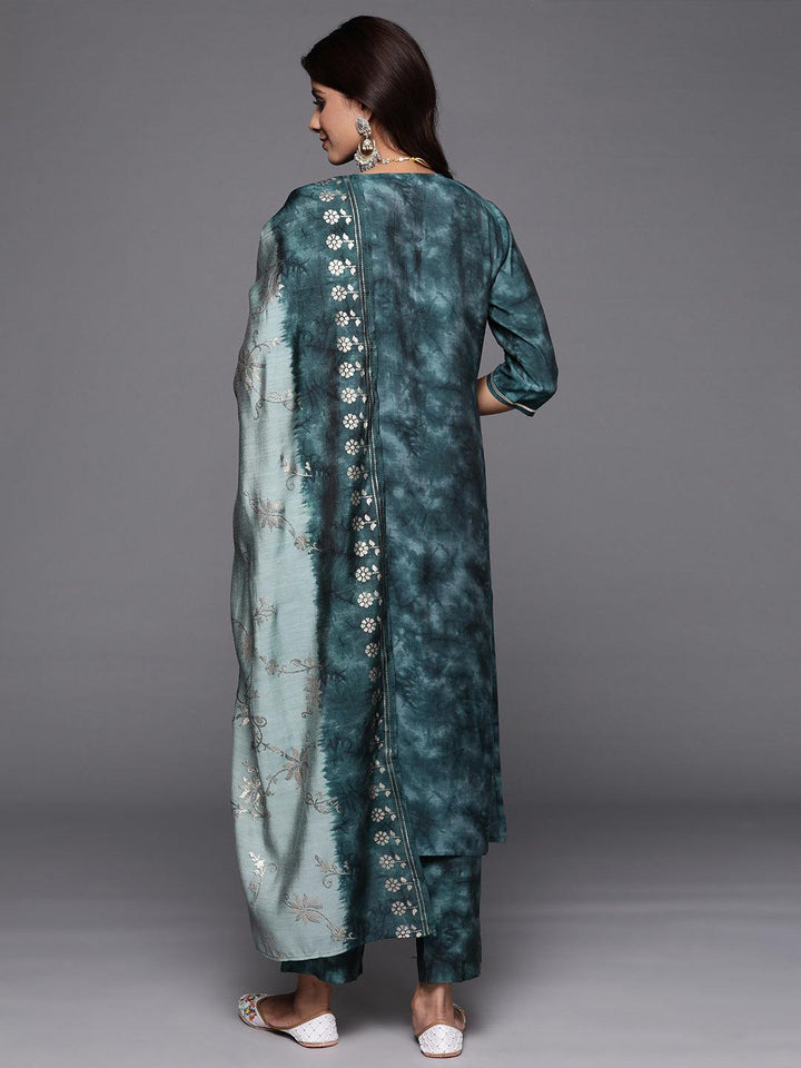 Grey Printed Silk Blend Straight Suit With Dupatta