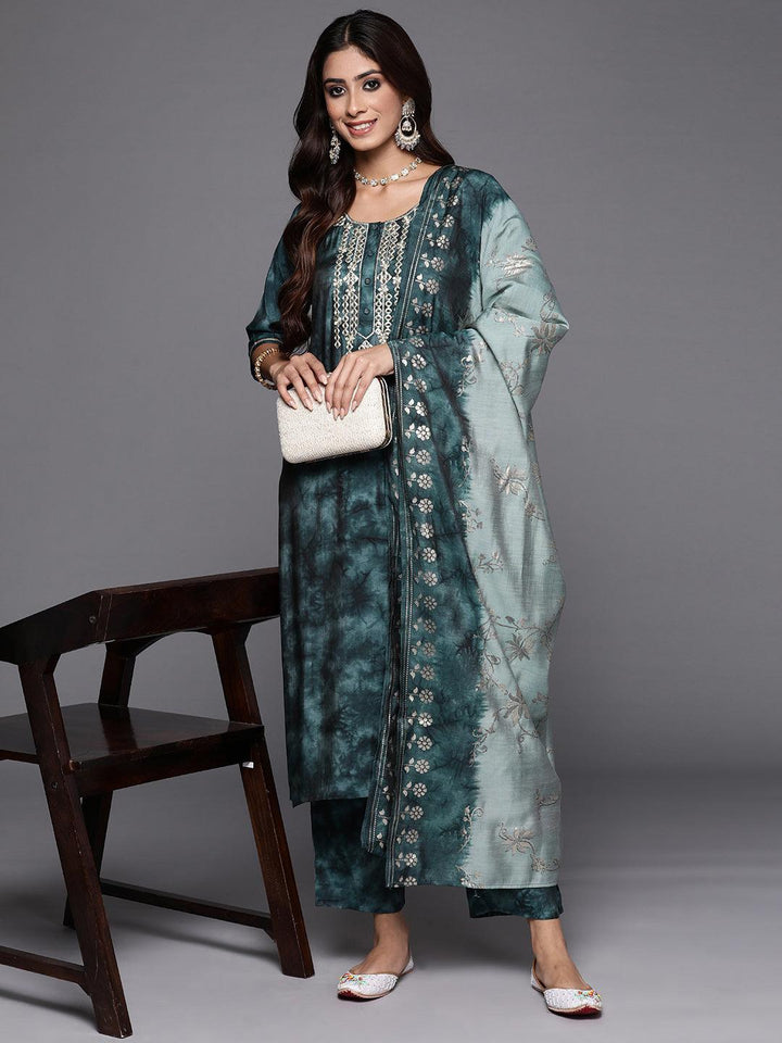 Grey Printed Silk Blend Straight Suit With Dupatta