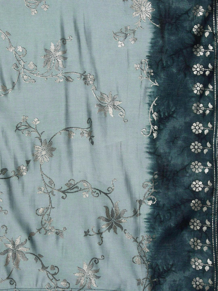 Grey Printed Silk Blend Straight Suit With Dupatta