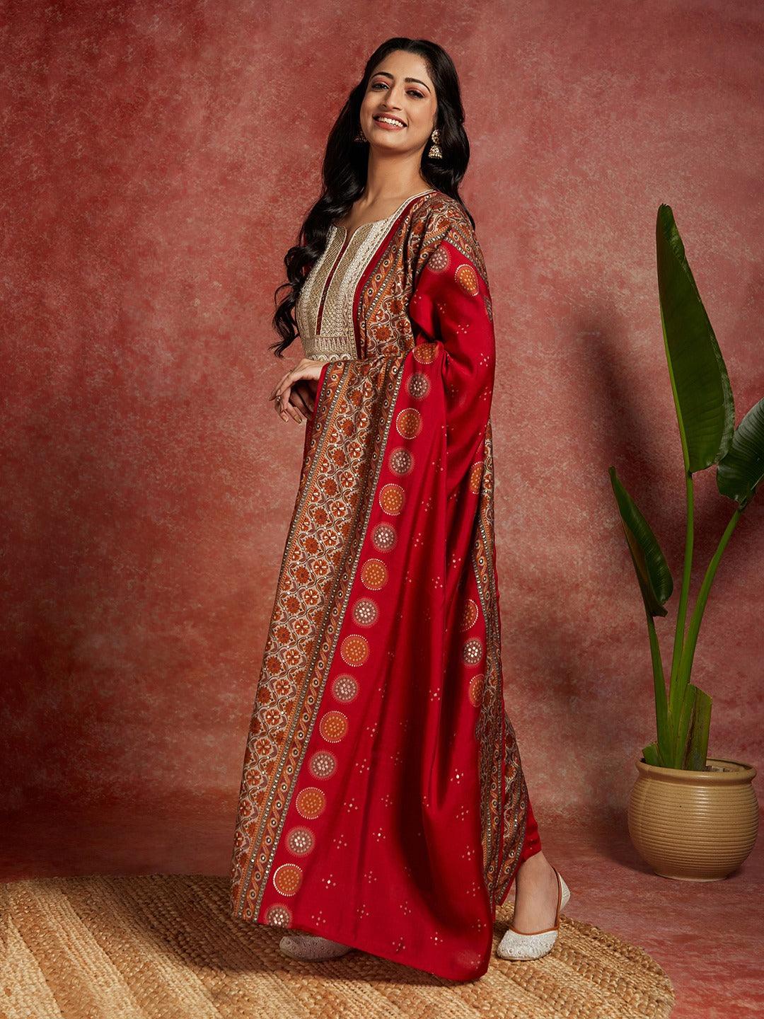 Red Printed Silk Blend Straight Kurta With Trousers & Dupatta - ShopLibas