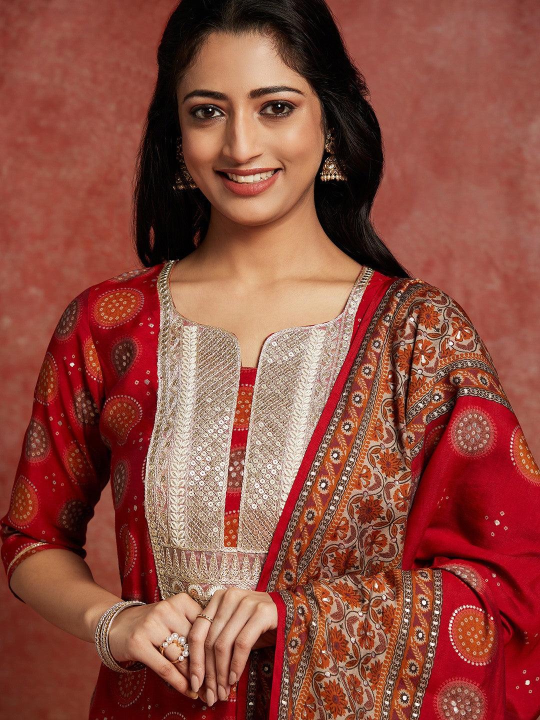 Red Printed Silk Blend Straight Kurta With Trousers & Dupatta - ShopLibas