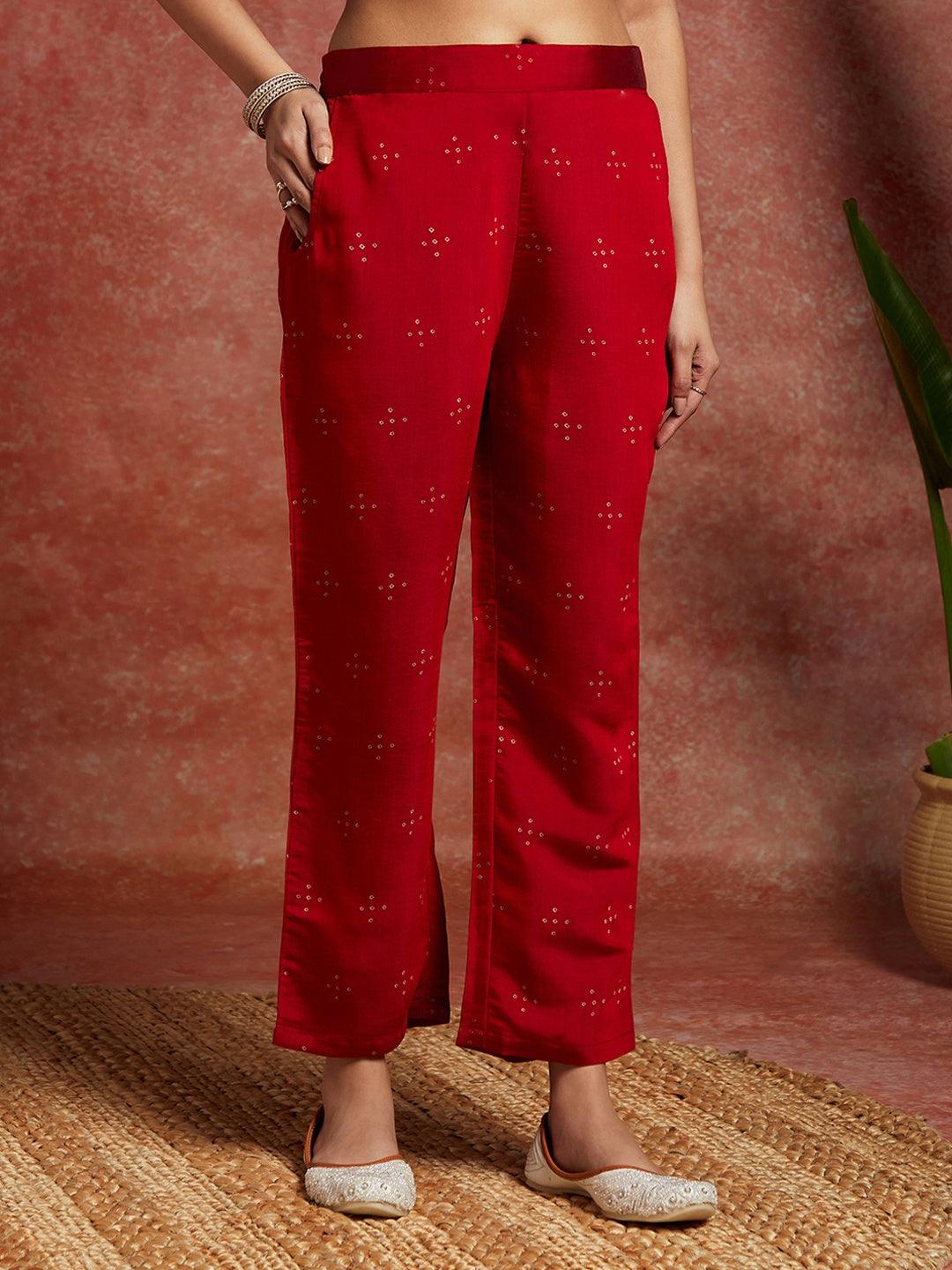 Red Printed Silk Blend Straight Kurta With Trousers & Dupatta - ShopLibas
