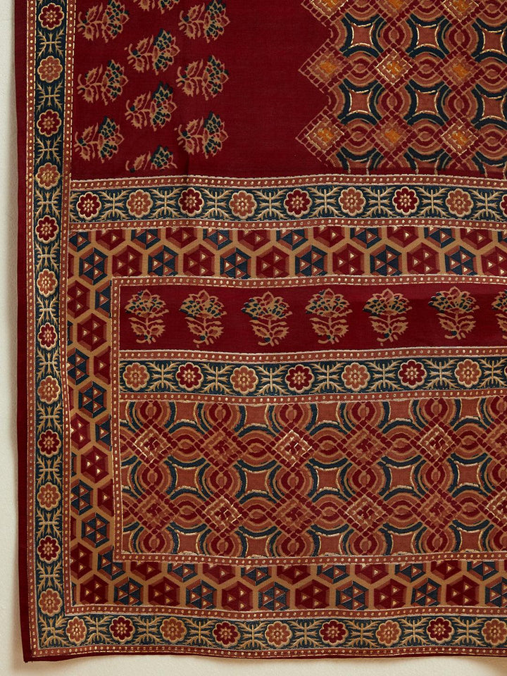 Wine Printed Silk Blend Straight Kurta Set
