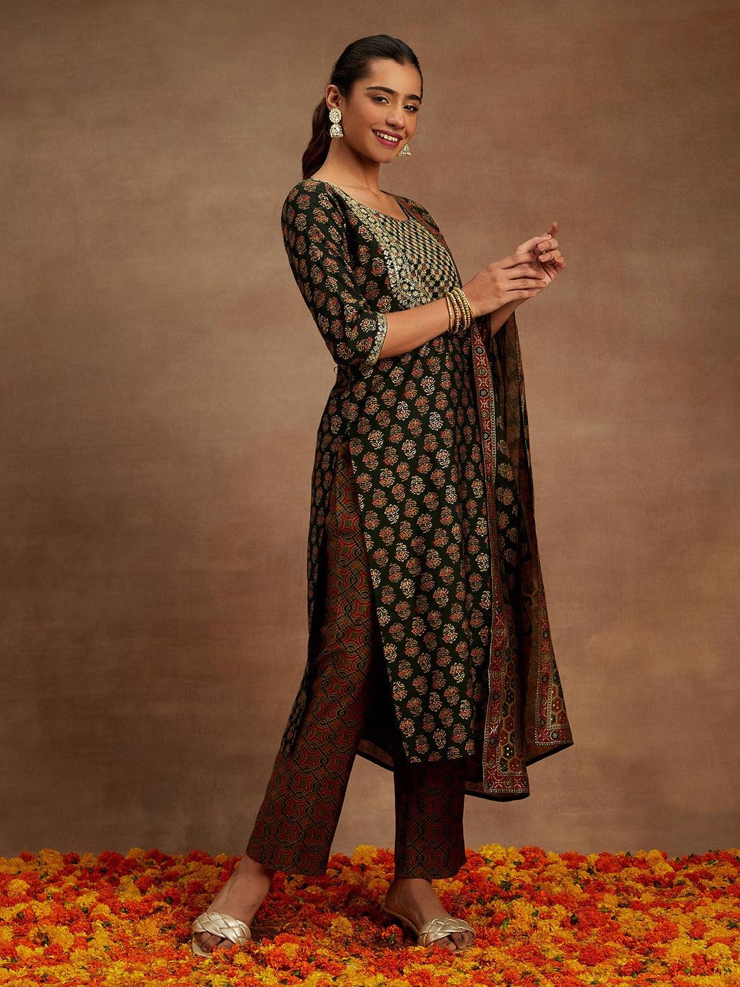 Green Printed Silk Blend Straight Kurta With Trousers & Dupatta - ShopLibas