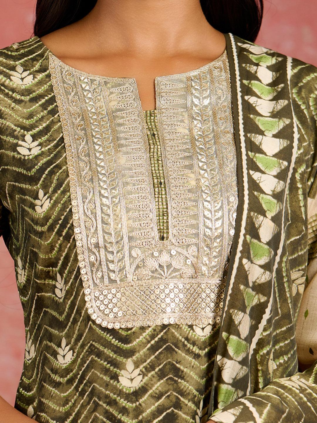 Green Printed Silk Blend Straight Kurta With Trousers & Dupatta - ShopLibas