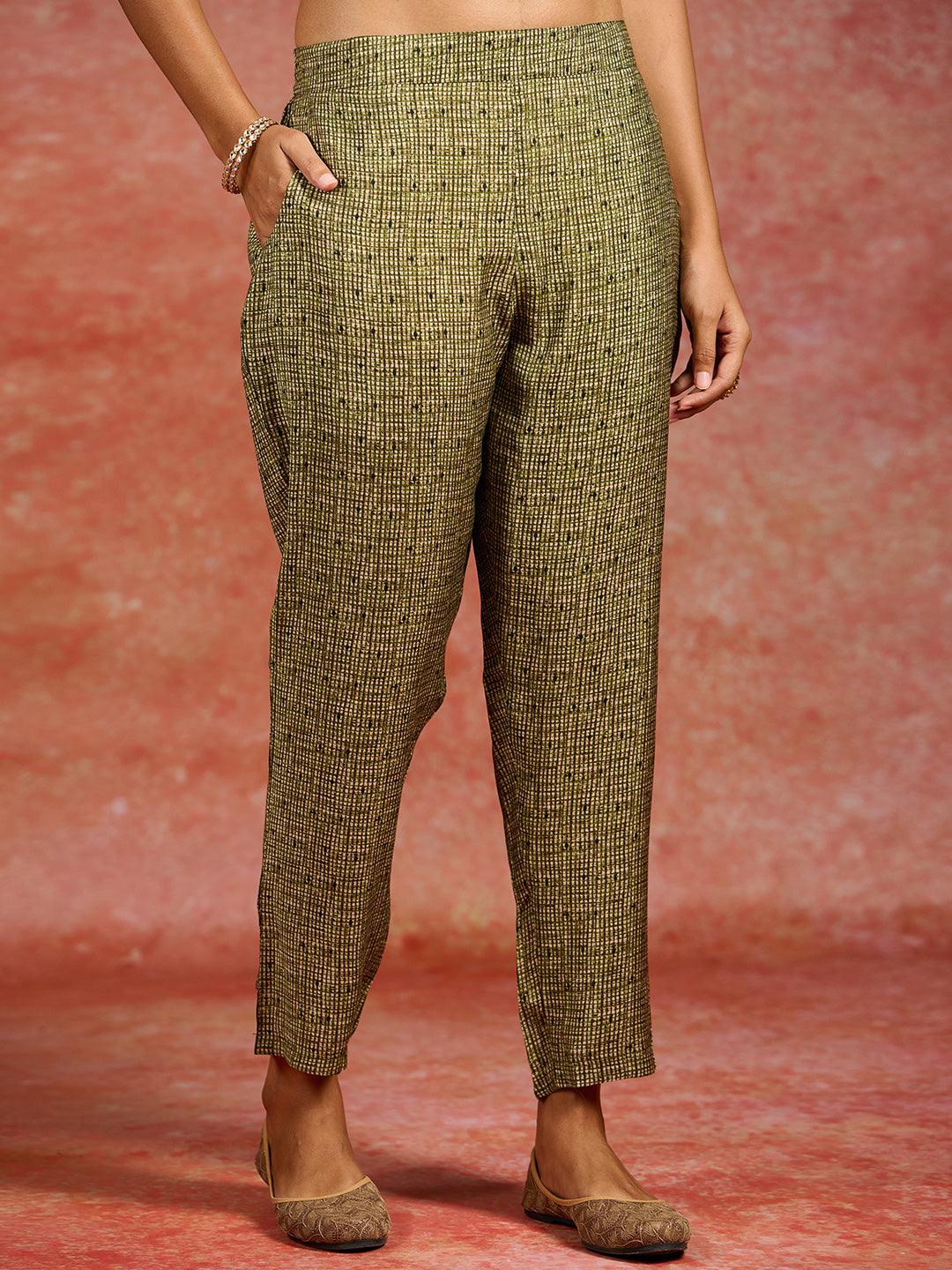 Green Printed Silk Blend Straight Kurta With Trousers & Dupatta - ShopLibas
