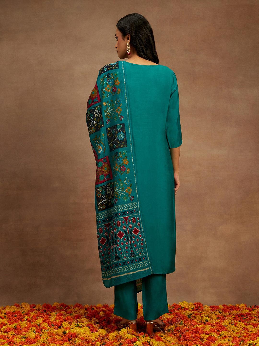 Green Yoke Design Silk Blend Straight Kurta With Trousers & Dupatta - ShopLibas