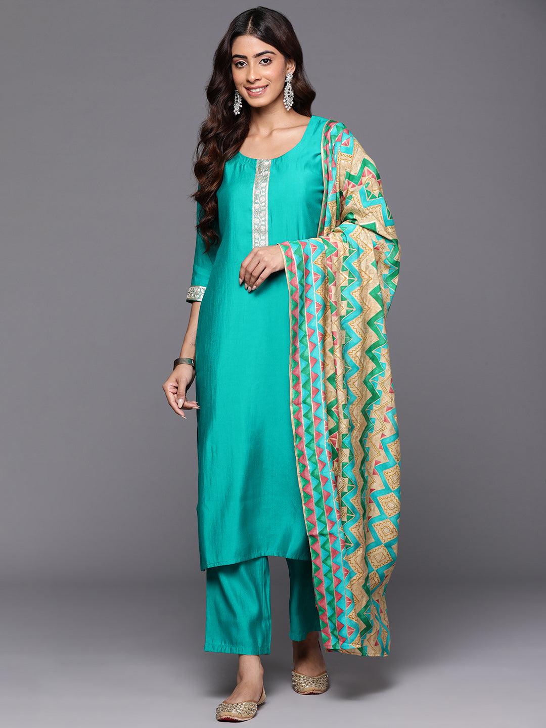 Green Yoke Design Silk Blend Straight Kurta With Trousers & Dupatta - ShopLibas
