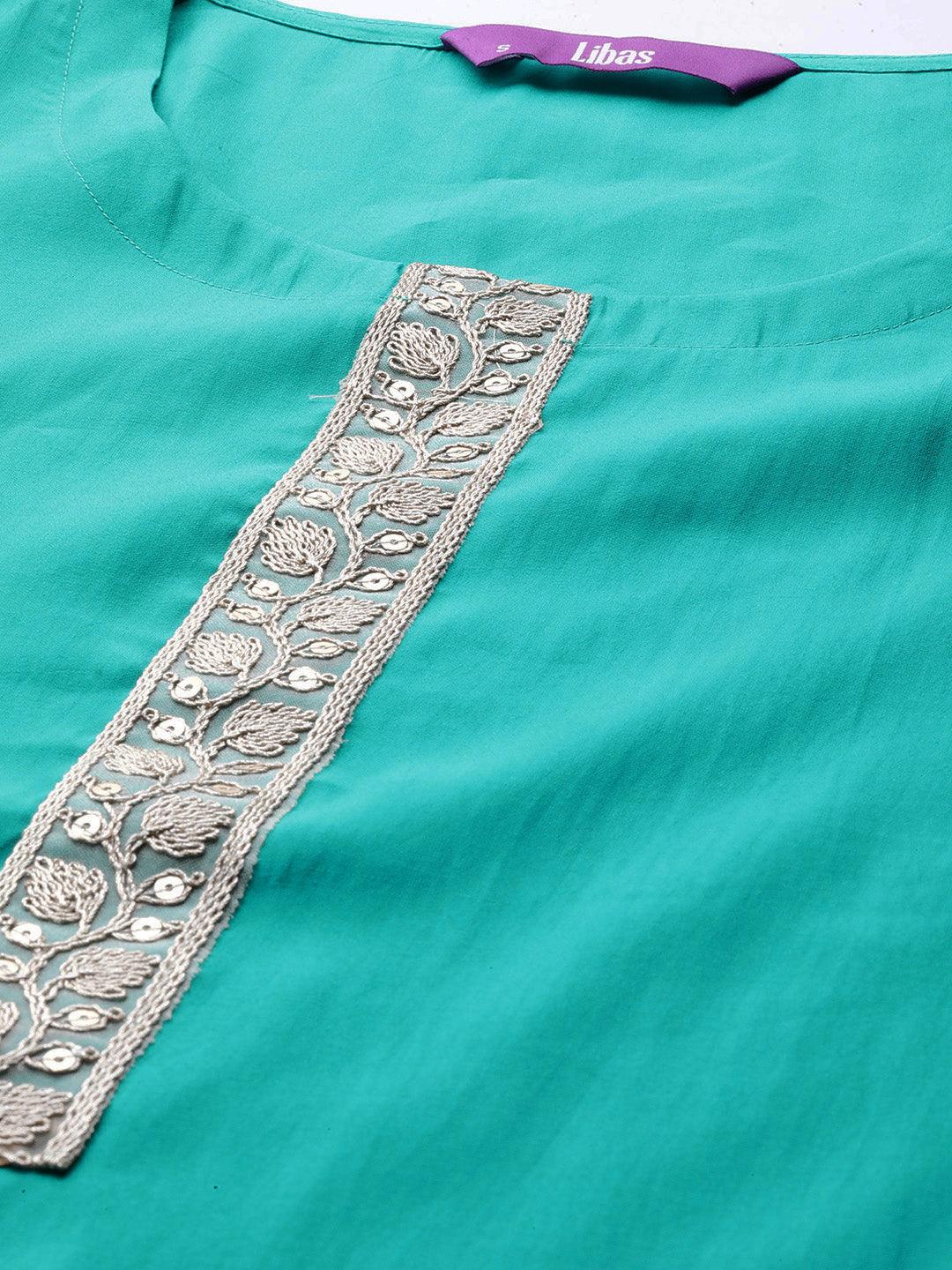 Green Yoke Design Silk Blend Straight Kurta With Trousers & Dupatta - ShopLibas